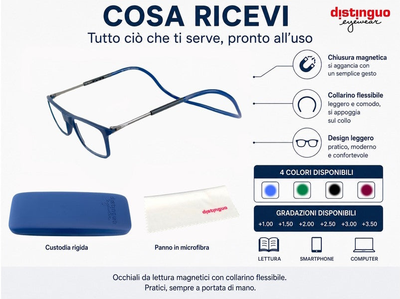 Distinguo 702 Occhiali da Lettura Rettangolari Magnetici da Collo con Aste Telescopiche, Collarino Stabile.