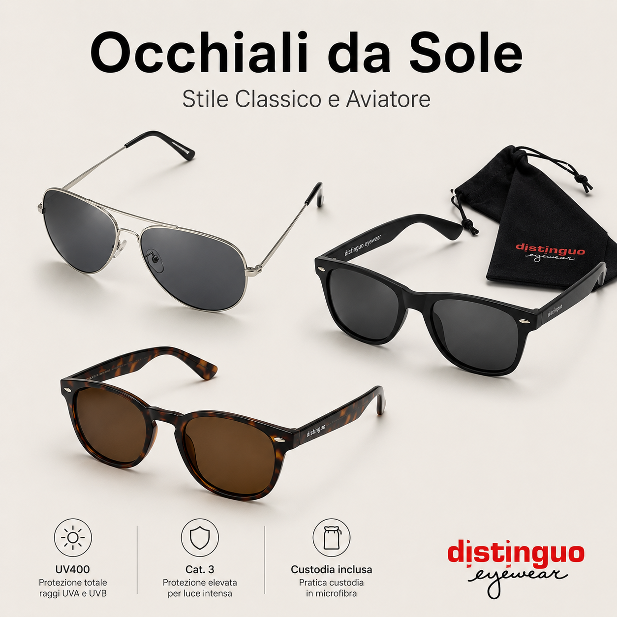 occhiali da sole Classici, Sportivi e Aviator con custodia