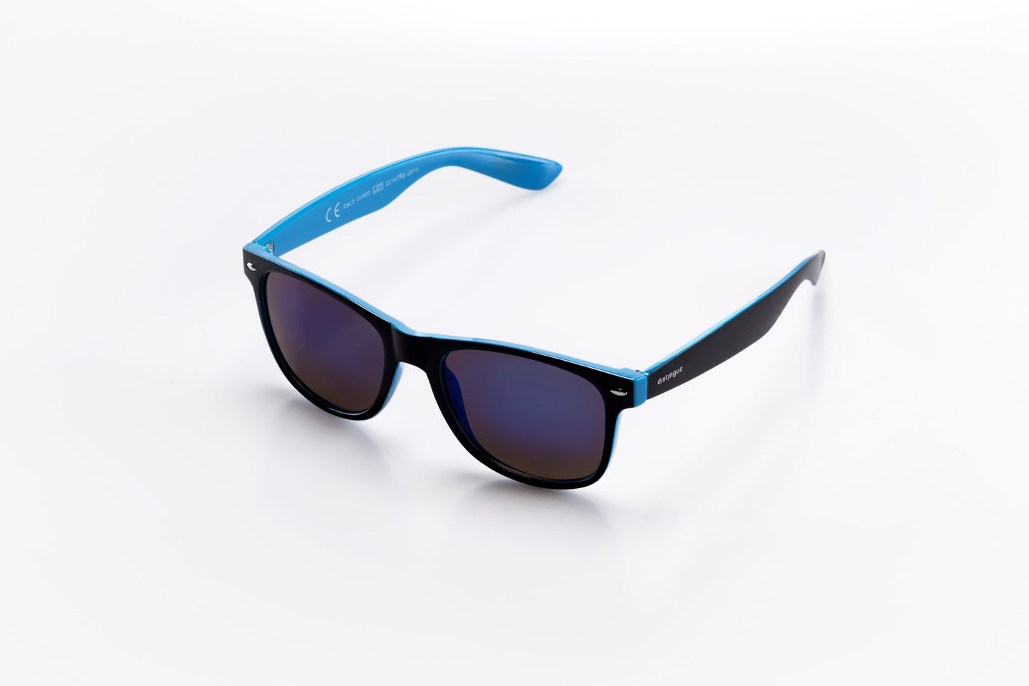 Occhiali da sole Distinguo 502.1 modello Sportivo, montatura in policarbonato nero-blu con lenti blu effetto specchio.
