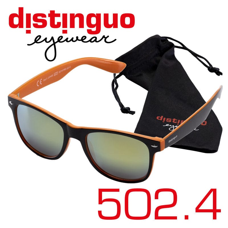 Occhiali da sole Distinguo 502.3 modello Sportivo, montatura in policarbonato nero-arancio con lenti effetto specchio colore arancio. Astuccio portaocchiali in microfibra.