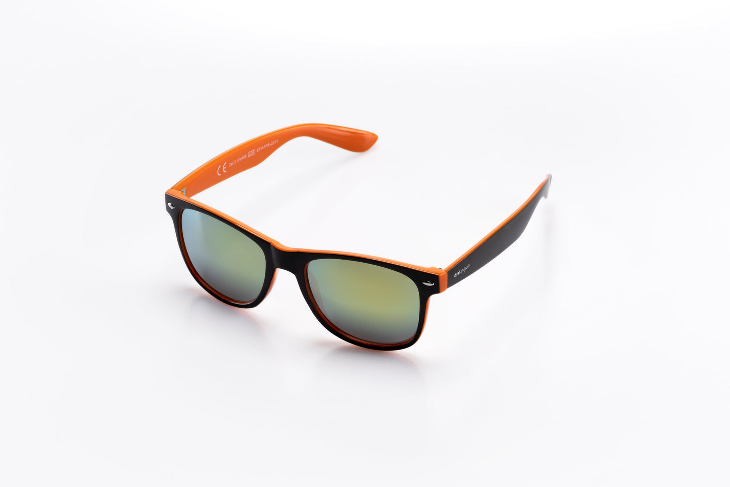 Occhiali da sole Distinguo 502.3 modello Sportivo, montatura in policarbonato nero-arancio con lenti effetto specchio colore arancio.