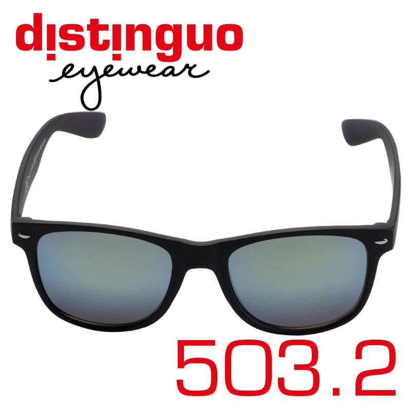 Occhiali da sole Distinguo 503.2 modello Classico, montatura colore nero con finitura opaca e lenti effetto specchio gialle.