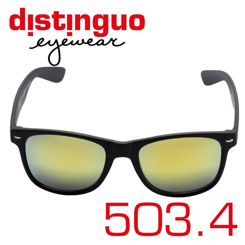 Occhiali da sole Distinguo 503.4 modello Classico, montatura colore nero con finitura opaca e lenti effetto specchio arancio.