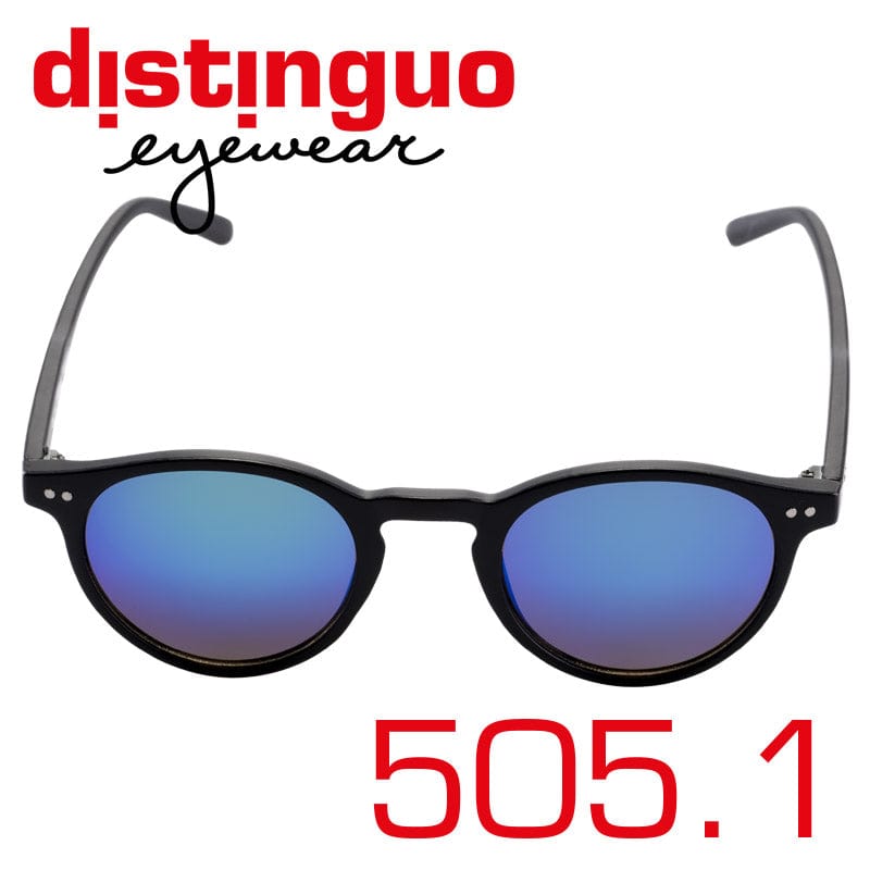 Occhiali da sole Distinguo 505.1 modello Tondo, montatura colore nero con finitura opaca e lenti effetto specchio blu.