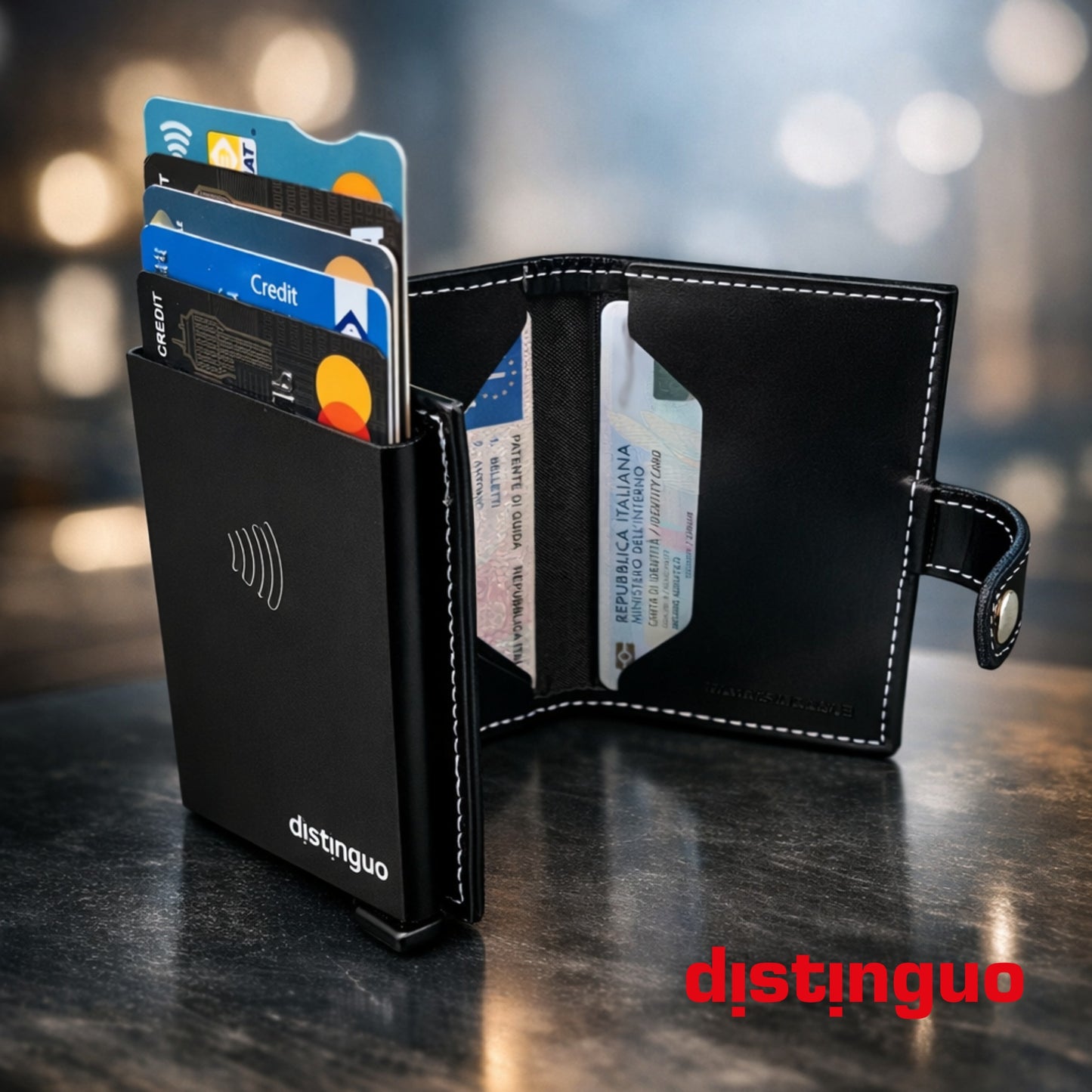 Distinguo 01 — Portafoglio Pop Up RFID Anti Clonazione