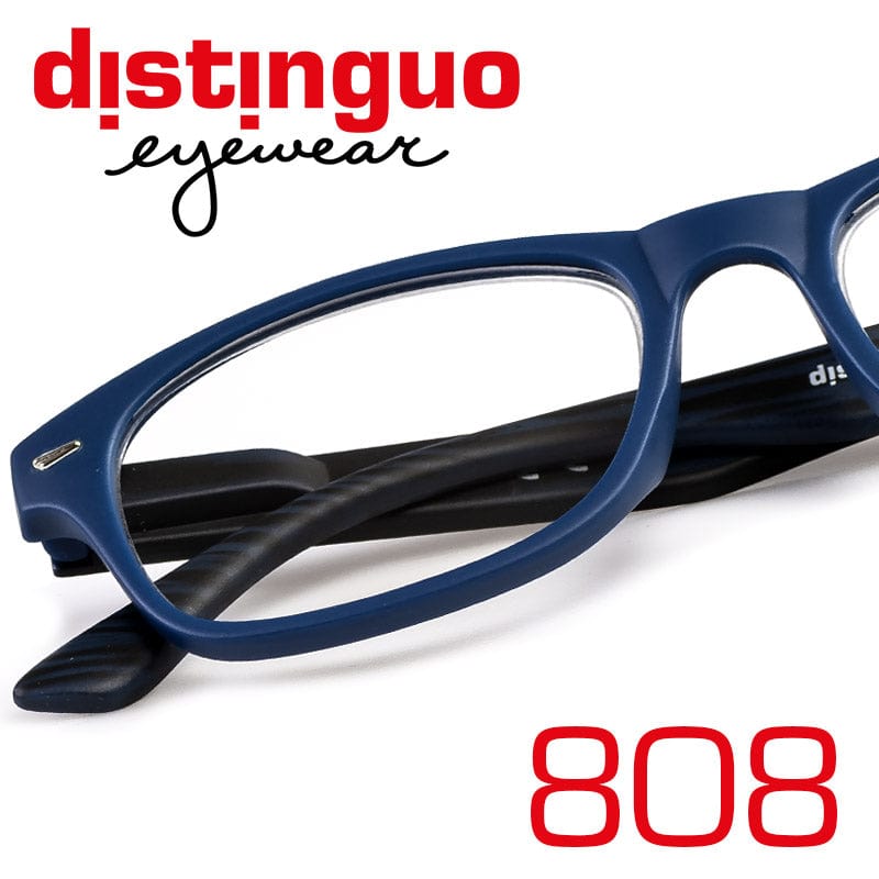 Occhiali per lettura e presbiopia distinguo 808 blu. Dettaglio della montatura gommata ad effetto legno.